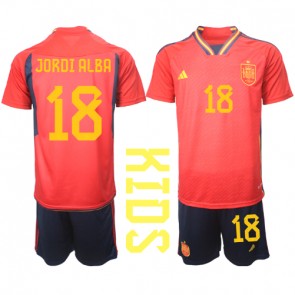 Spanien Jordi Alba #18 kläder Barn VM 2022 Hemmatröja Kortärmad (+ korta byxor)